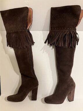 Alaia authentic Dark Brown Suede Over-the-Knee Fringe Boots
